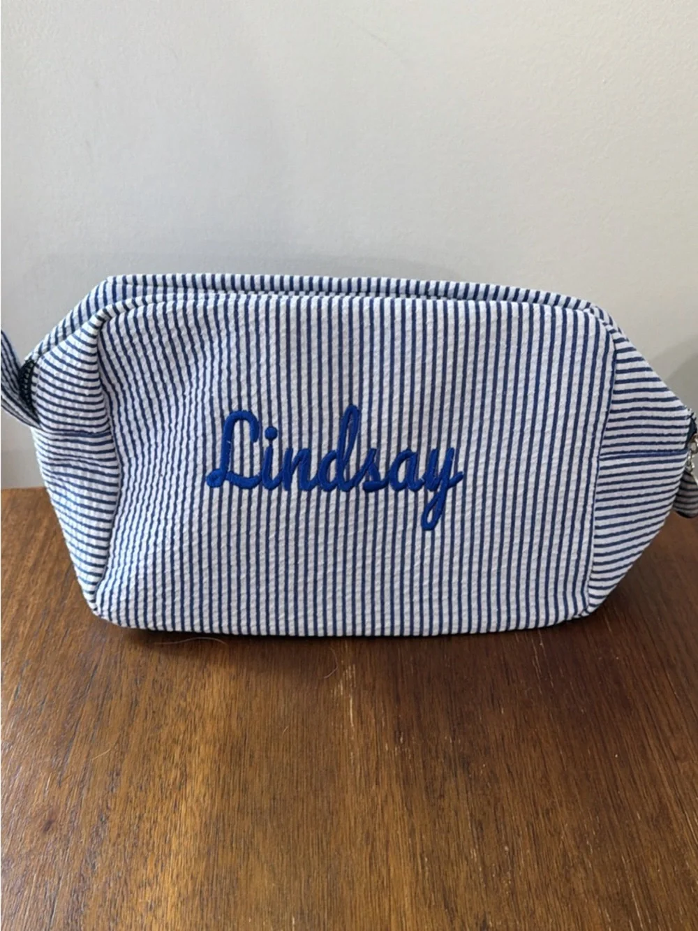 Personalized Striped Navy Toiletry Bag - Lindsay